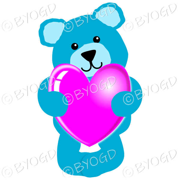 Light blue teddy bear hugging a pink heart.