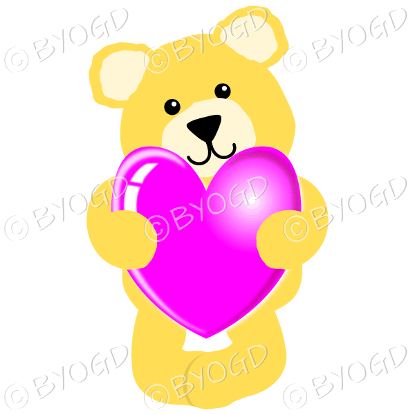 Yellow teddy bear hugging a pink heart.