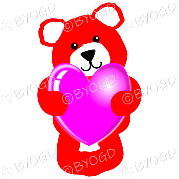 Red teddy bear hugging a pink heart.