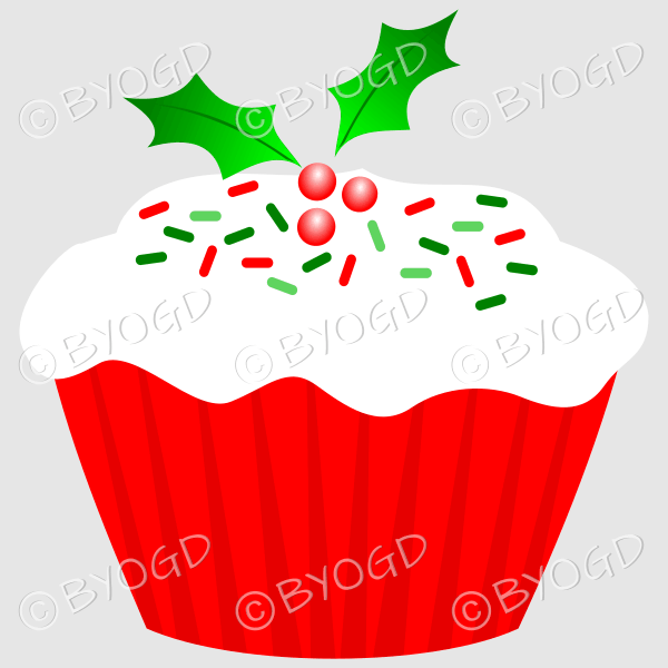 Red and green Christmas cupcake with holly decoration.