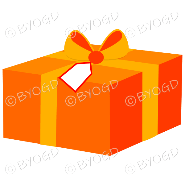 Orange gift box with ribbon and label.