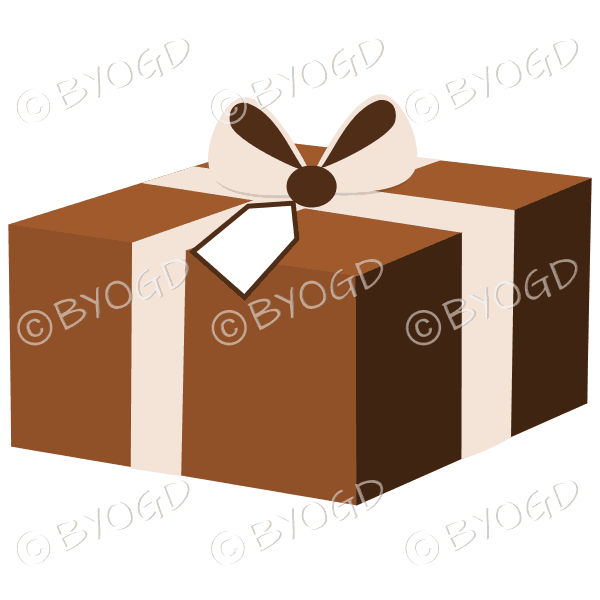 Brown gift box with ribbon and label