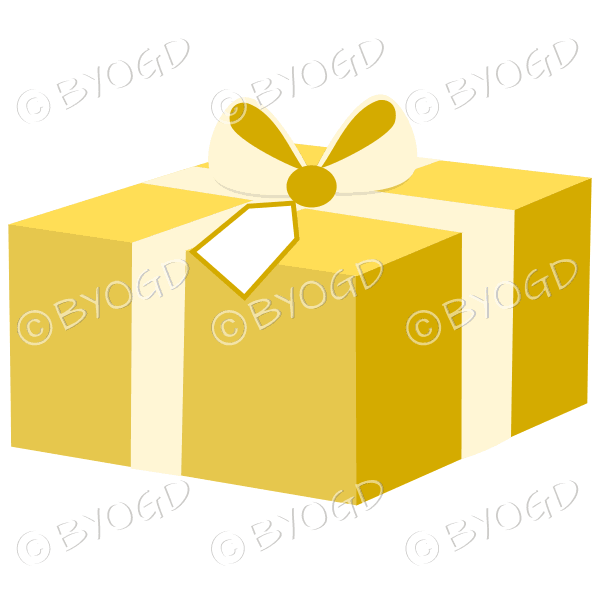 Yellow gift box with ribbon and label.