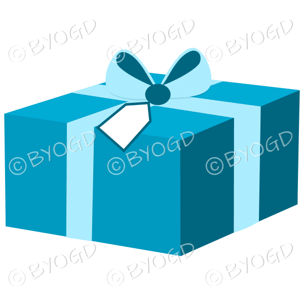 Light blue gift box with ribbon and label.