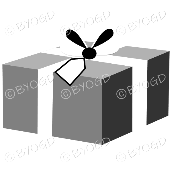 Black and white gift box with ribbon and label.