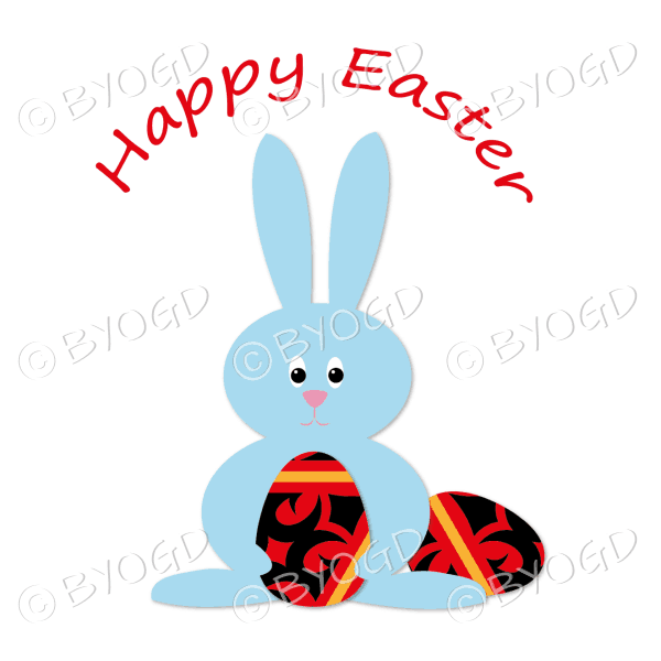 Light Blue Easter bunny with black, red and gold decorated Easter eggs