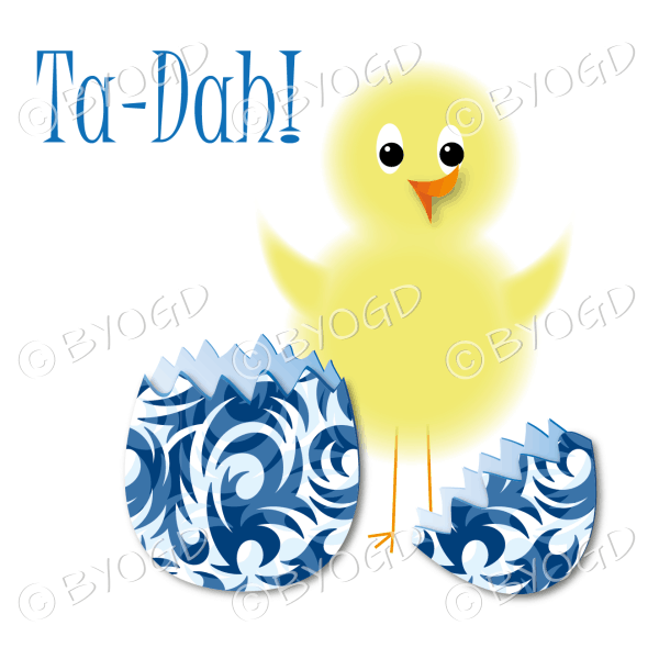 Yellow Easter chick hatched out of blue scroll egg