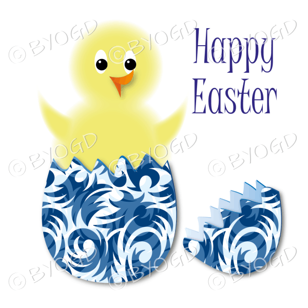 Yellow Easter chick in blue scroll egg