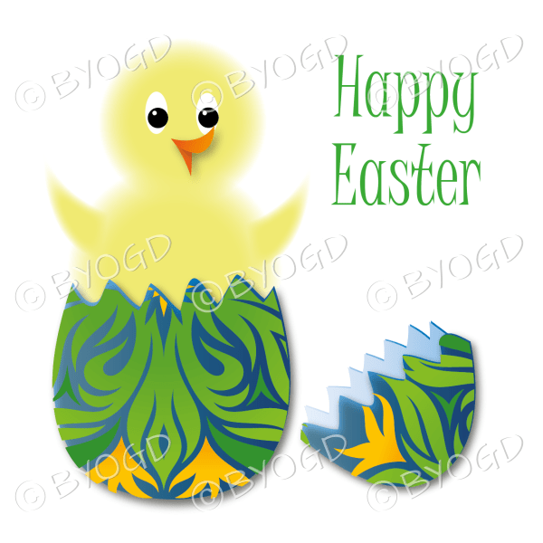 Yellow Easter chick in green, blue and orange design scroll egg