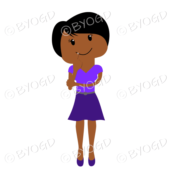 Woman standing thinking in purple