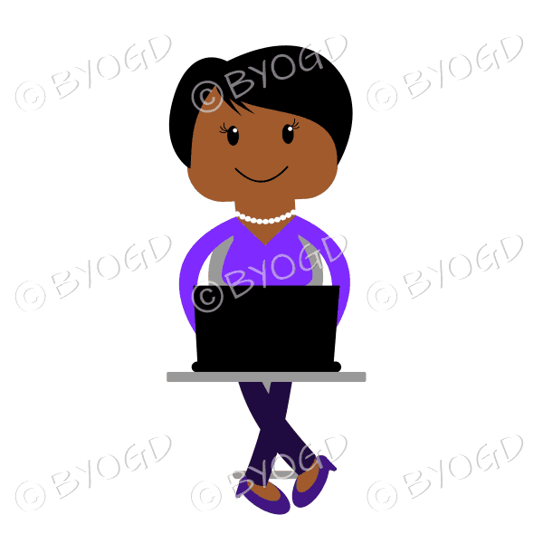 Woman sitting at laptop computer in purple