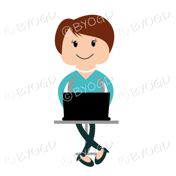 Woman sitting at laptop computer in light blue