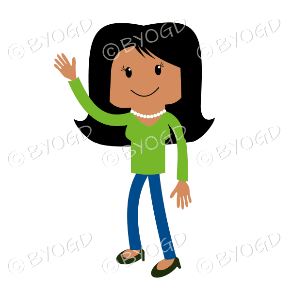 Woman standing waving in green