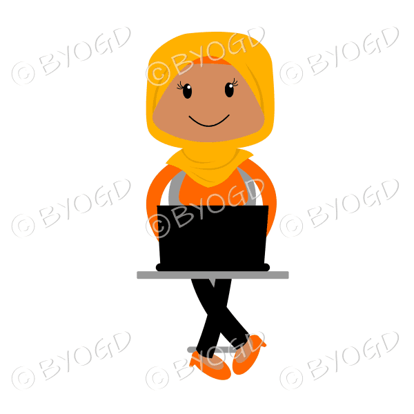 Woman sitting at laptop computer in orange hijab