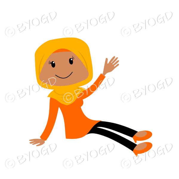 Woman sitting on ground in orange hijab