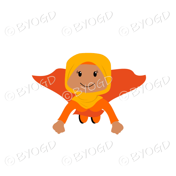Woman superhero flying in orange hijab