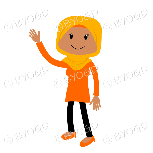 Woman standing waving in orange hijab