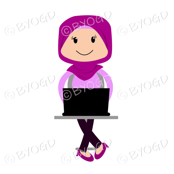 Woman sitting at laptop computer in pink hijab