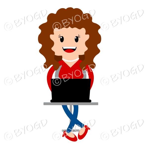 Woman sitting at laptop computer in red
