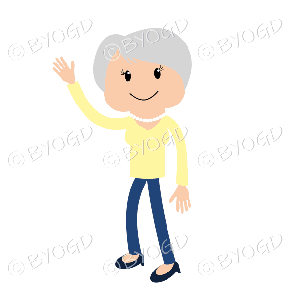 Woman standing waving in yellow and blue