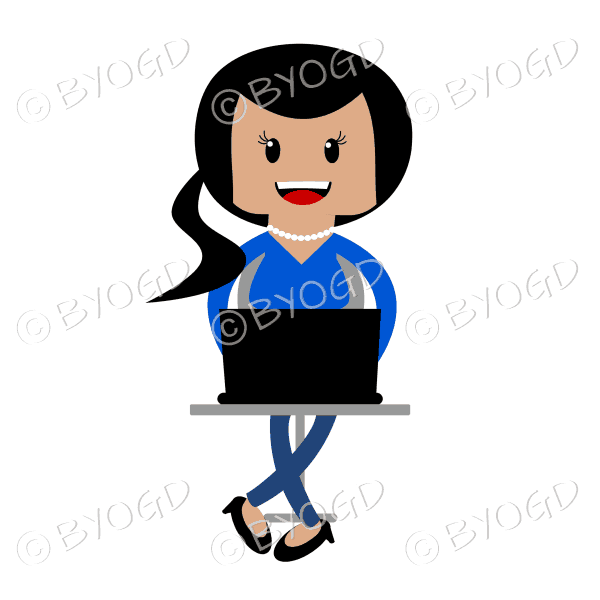 Woman sitting at laptop computer in blue with long dark hair