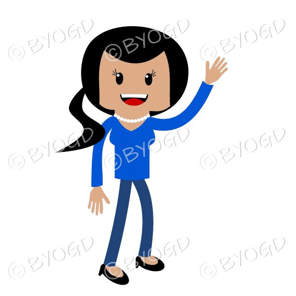 Woman standing waving in blue with long dark hair