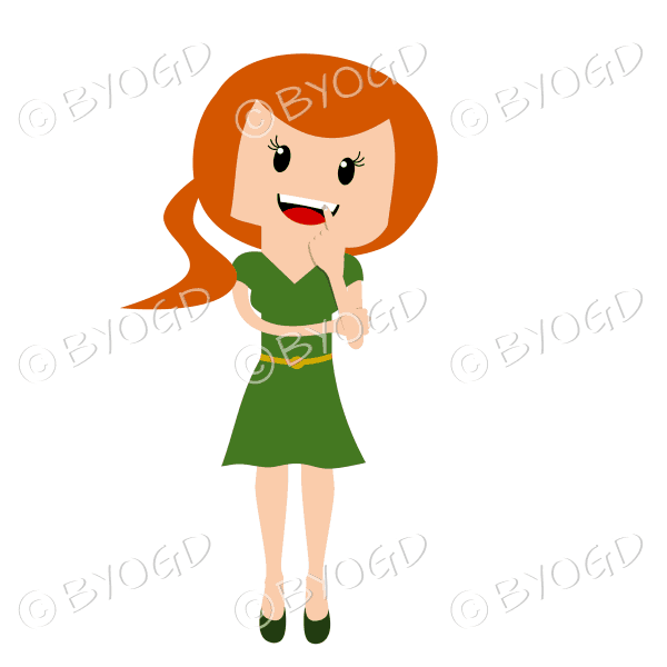 Woman standing thinking in green with long red/ginger hair