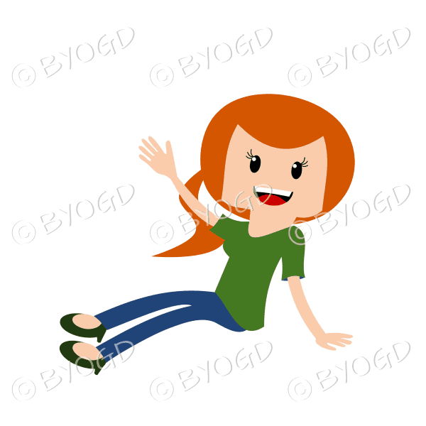 Woman sitting on ground in green with long red/ginger hair