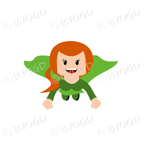 Woman superhero flying in green with long red/ginger hair