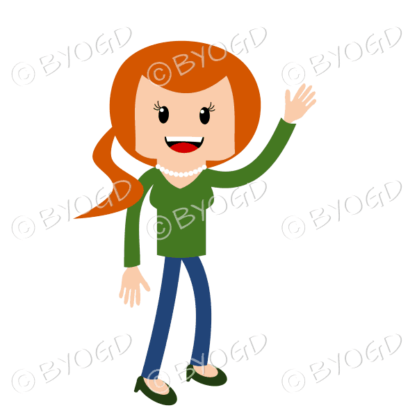 Woman standing waving in green with long red/ginger hair