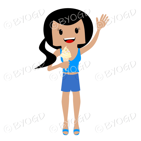 Waving summer beach girl with ice cream with dark hair in a ponytail wearing a blue top