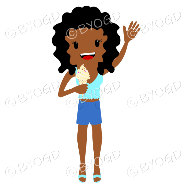 Waving summer beach girl with ice cream with curly dark hair wearing a blue top