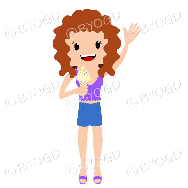 Waving summer beach girl with ice cream with chestnut brown/auburn curly hair wearing a purple top