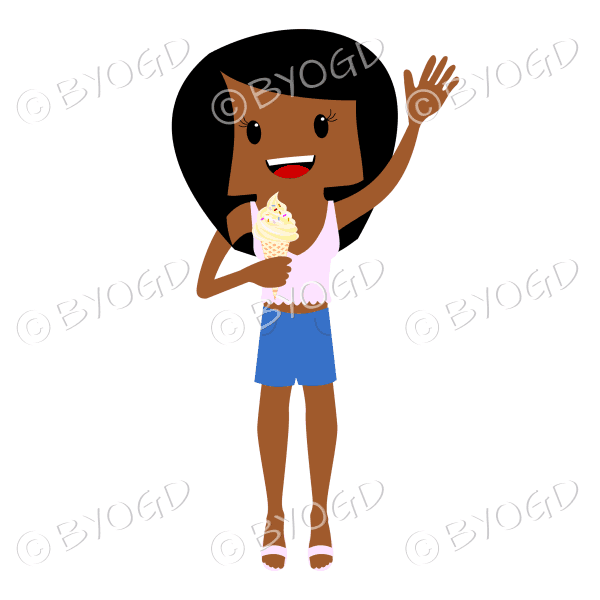 Waving summer beach girl with ice cream with long dark hair wearing a pink top