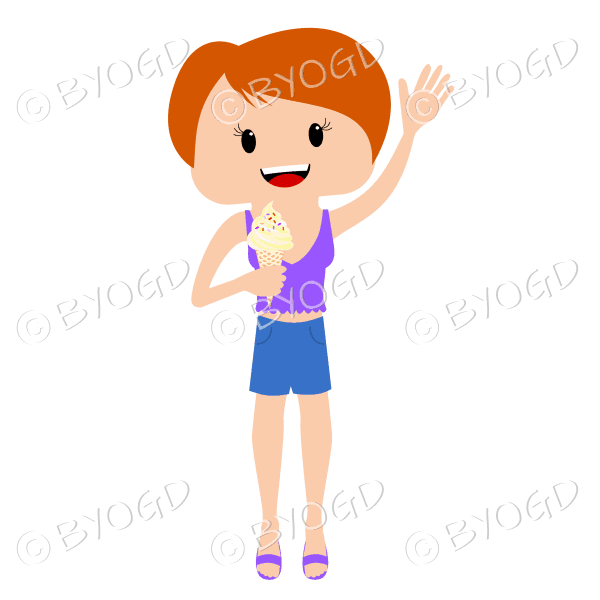 Waving summer beach girl with short red/ginger hair with ice cream in purple top