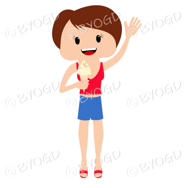 Waving summer beach girl with short brown hair with ice cream in red top