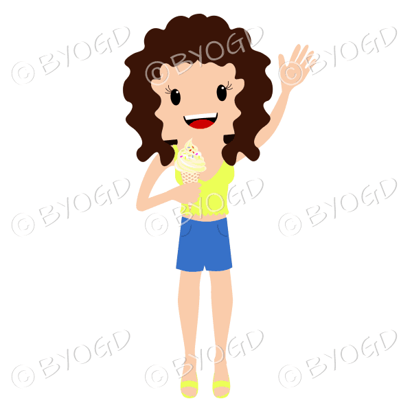 Waving summer beach girl with dark curly hair with ice cream in yellow top