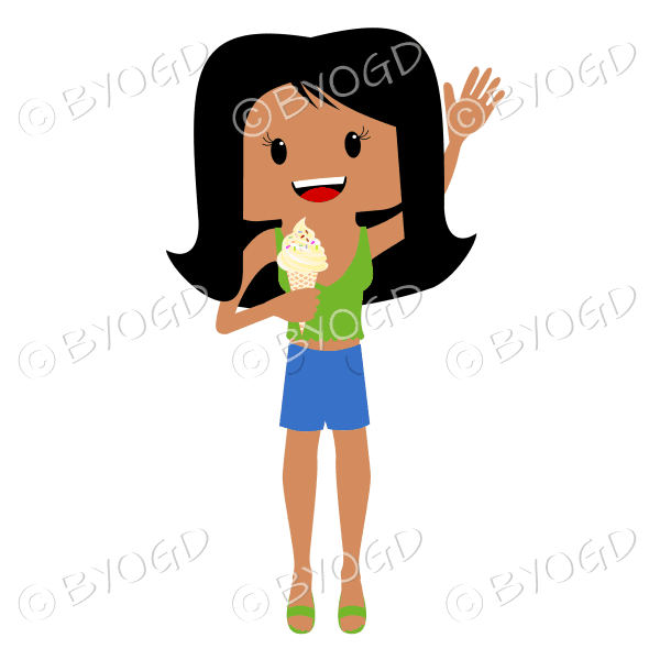 Waving summer beach girl with long dark hair with ice cream in green top