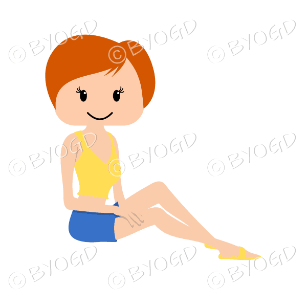 Woman sitting relaxing in sun with red hair and yellow top