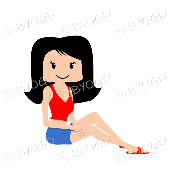 Woman sitting relaxing in sun with long black hair and red top
