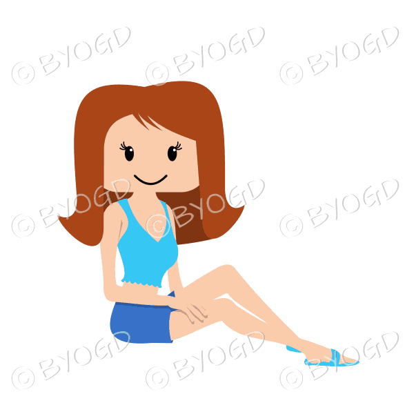 Woman sitting relaxing in sun with long brown hair and light blue top