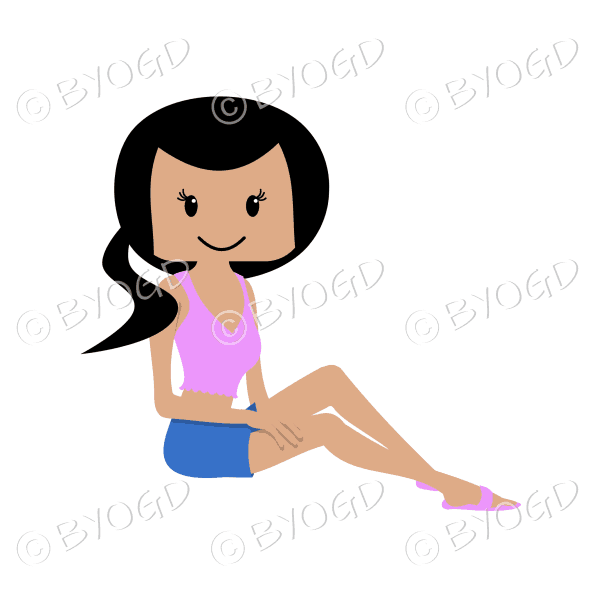 Woman sitting relaxing in sun with black hair in a ponytail and pink top