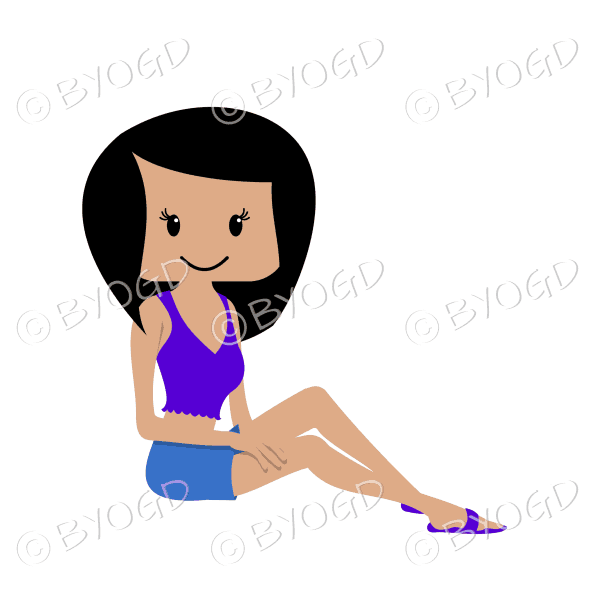 Woman sitting relaxing in sun with black hair and purple top