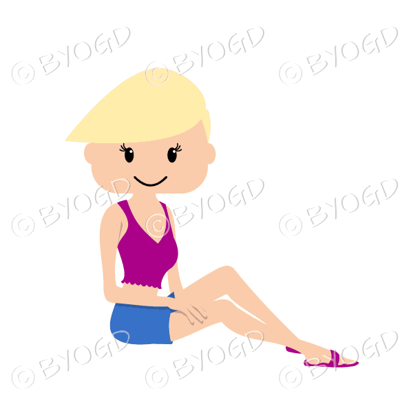 Woman sitting relaxing in sun with short blonde hair and purple top