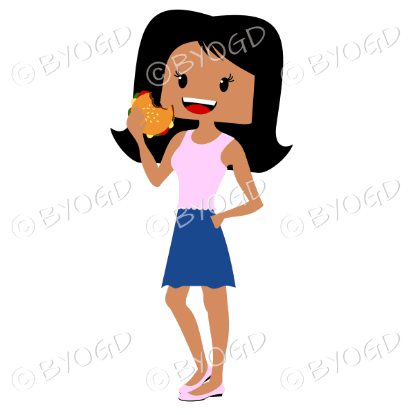 Woman with long dark hair eating burger wearing blue and pink outfit