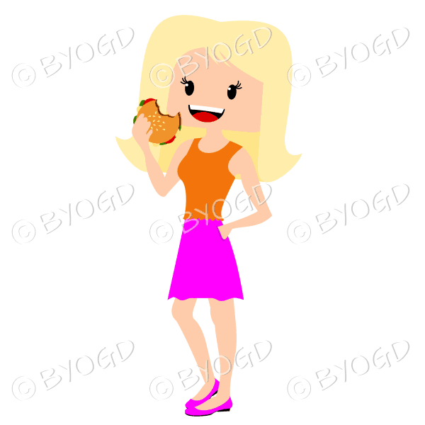 Woman with long blonde hair eating burger wearing orange and pink outfit