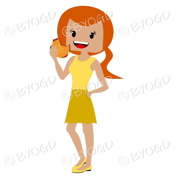 Woman with red hair in a ponytail eating burger wearing yellow outfit