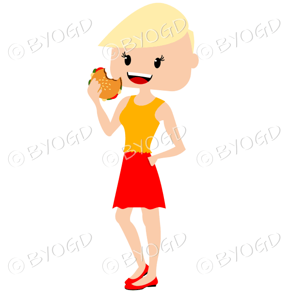 Woman with short blonde hair eating burger wearing orange and red outfit