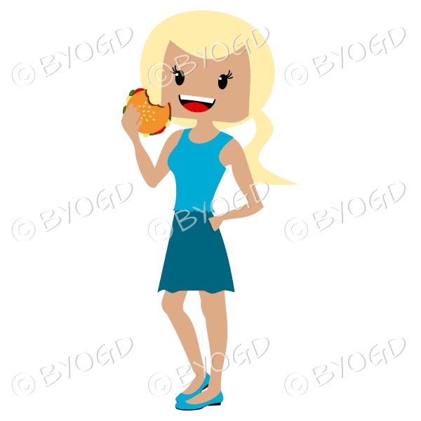 Woman with blonde hair in a ponytail eating burger wearing blue and light blue outfit