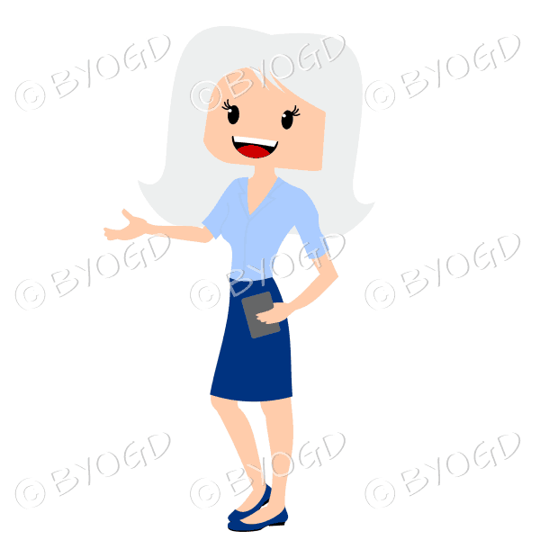 Business woman with long silver blonde hair wearing smart blue and light blue outfit and hand extended